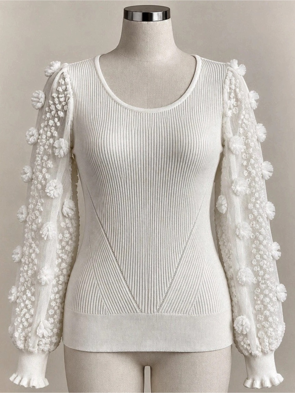 White Ribbed Sweater XL Sheer 3D Floral Applique Balloon Sleeves Coquette